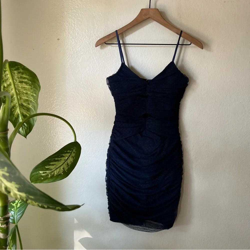 Lulus | Posh Outlook Navy Blue Swiss Dot Cutout Bodycon Dress - Picture 2 of 7